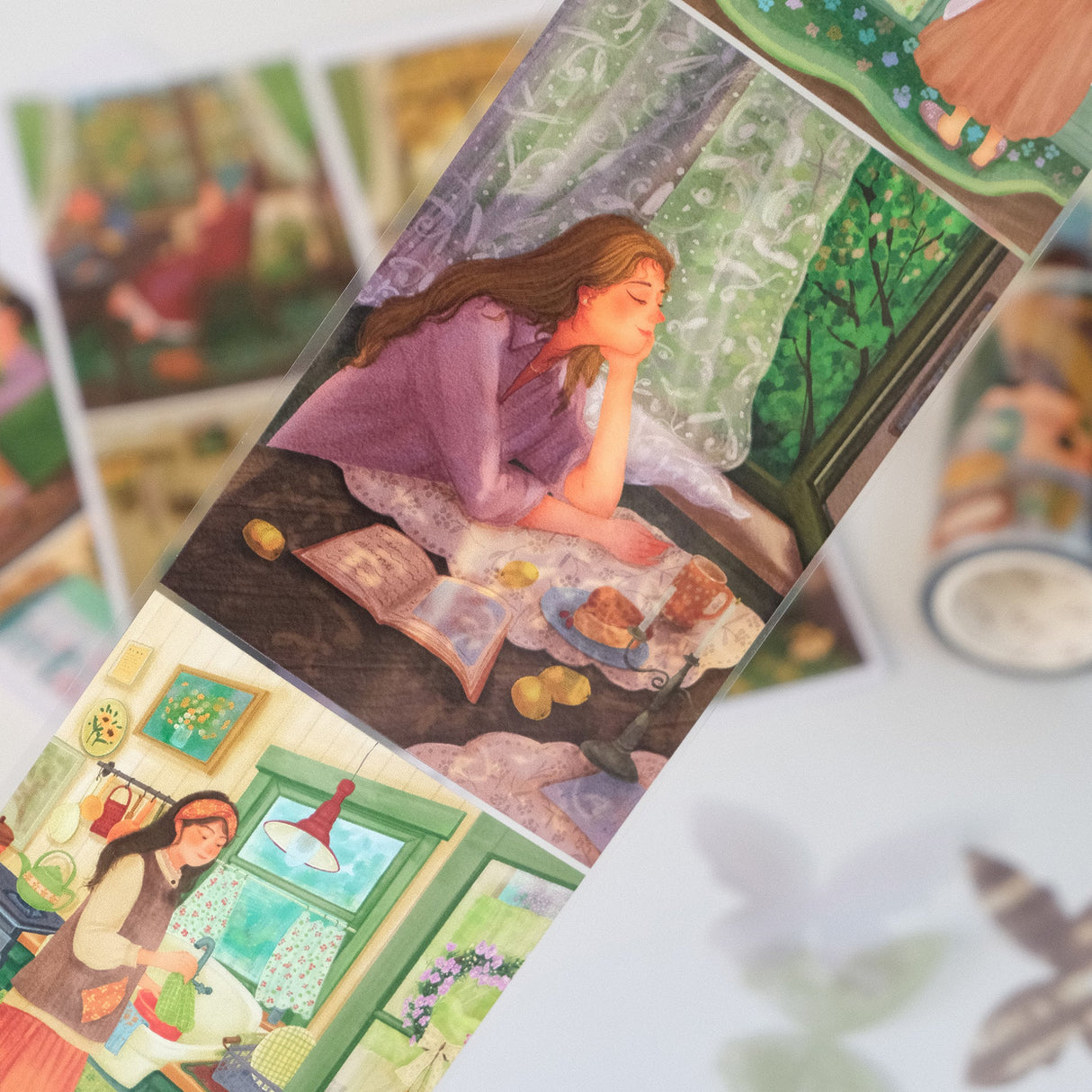 Bring the tranquility of a slow Sunday morning to your journal spreads with our Garden Daydreams Wide Tape. This stunning, extra-wide roll features continuous scenic paintings that capture the beauty of quiet, domestic moments.