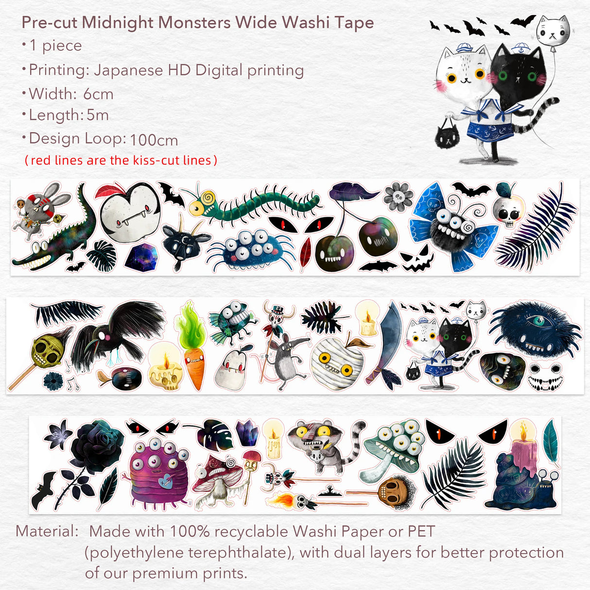 The Washi Tape Shop - Pre-cut Midnight Monsters Wide PET Tape