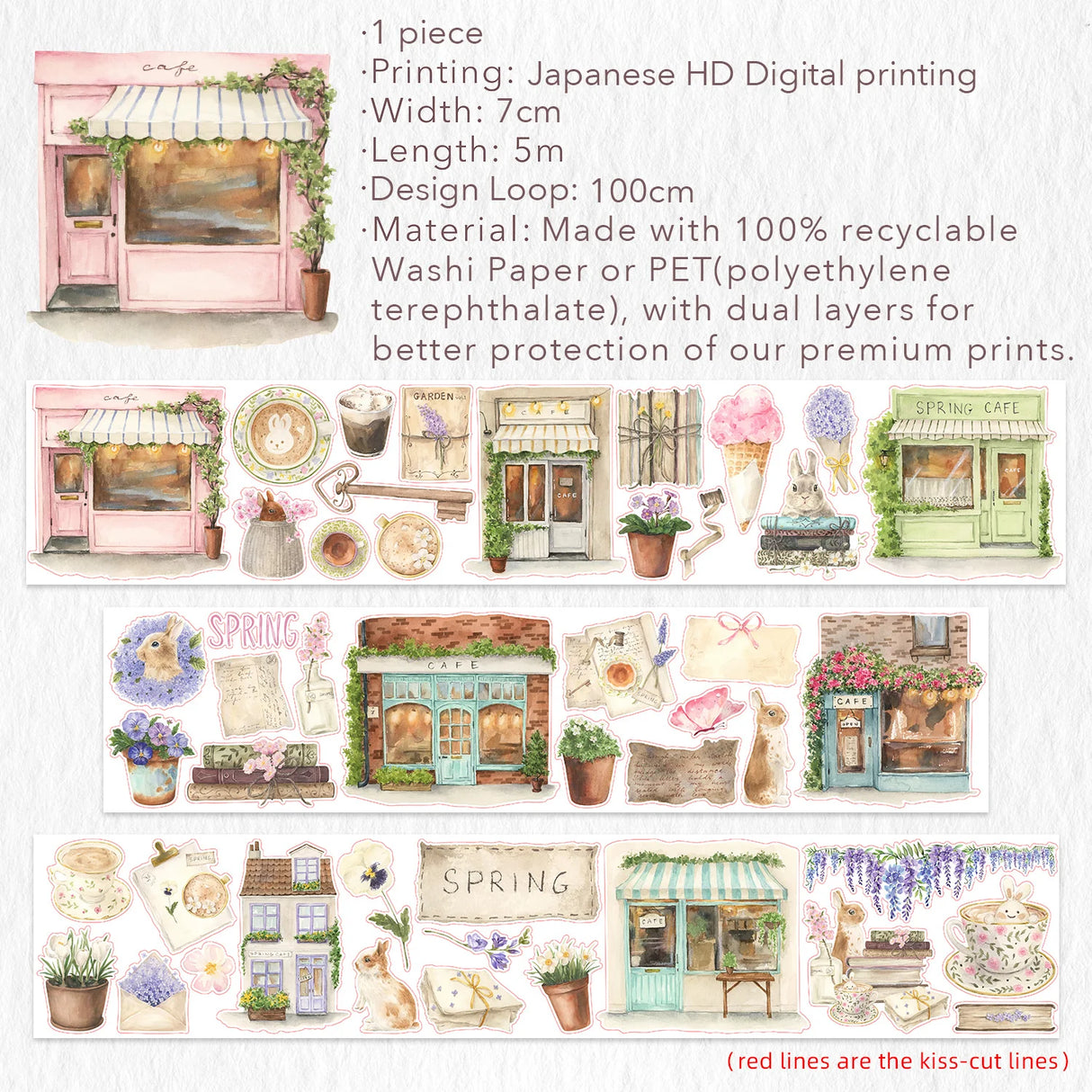 Celebrate the season of new beginnings with a design that marries architecture and nature. Our Spring Café Wide Tape is a watercolor love letter to the season, featuring quaint cafe facades almost hidden behind explosions of pastel bouquets and greenery.