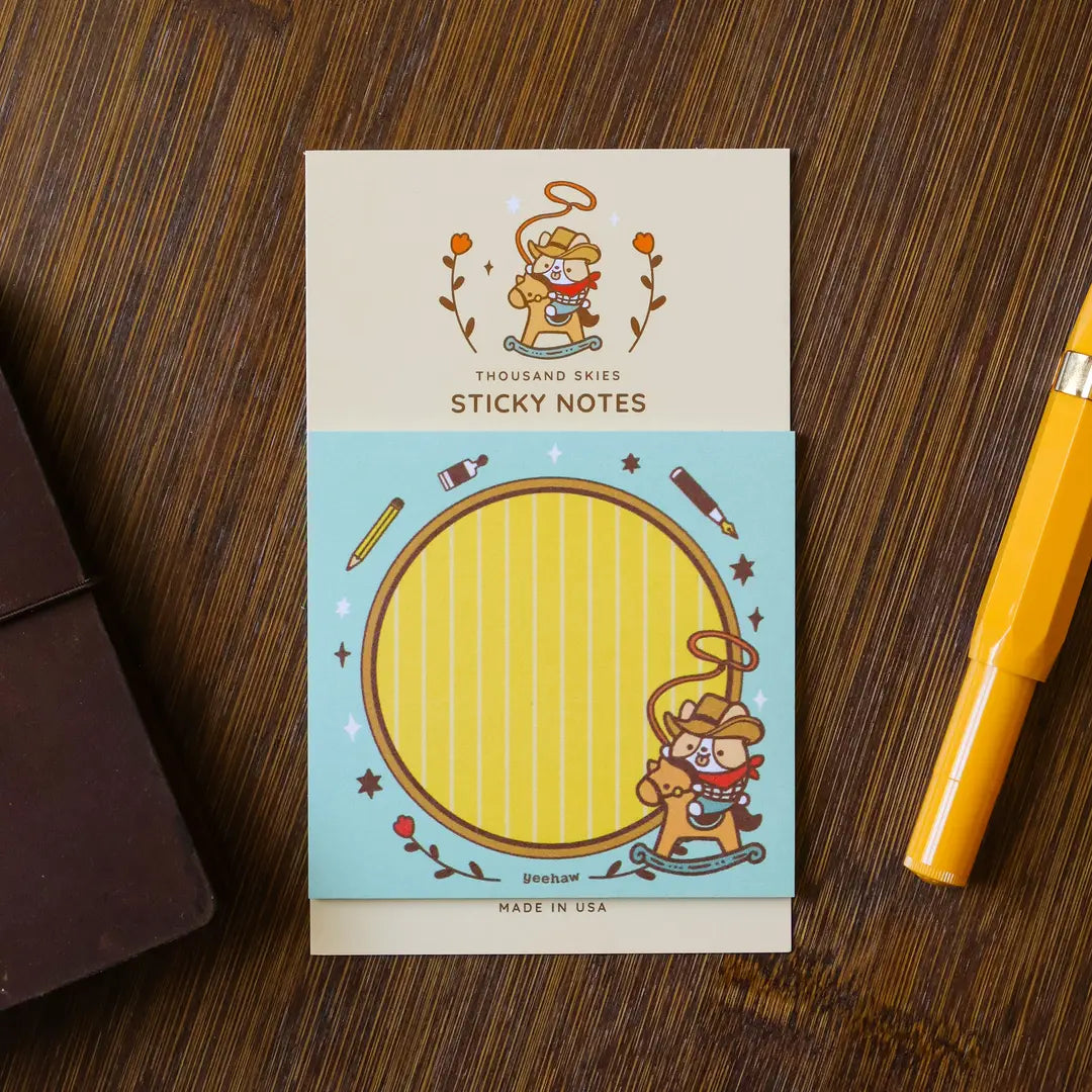 Full color sticky notes featuring a corgi dressed as a cowboy
3x3 inches
25 sheets
Printed with 3M