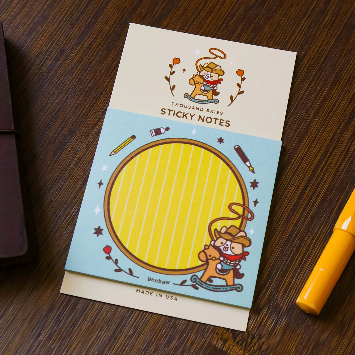 Full color sticky notes featuring a corgi dressed as a cowboy
3x3 inches
25 sheets
Printed with 3M