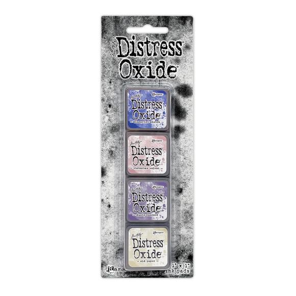Tim Holtz Distress Mini Oxide Ink Pads are a collection of 1 x 1 cubes featuring water-reactive dye & pigment ink fusion that creates an oxidized effect when sprayed with water. Like their larger counterpart, the Mini Oxide Ink Pads have a raised felt pad with fade resistant ink that coordinates with the full Distress palette of colors. Each ink pad is stackable. Use with stamps, stencils, and direct to surface.