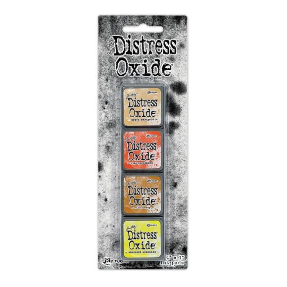 Tim Holtz Distress Mini Oxide Ink Pads are a collection of 1 x 1 cubes featuring water-reactive dye & pigment ink fusion that creates an oxidized effect when sprayed with water. Like their larger counterpart, the Mini Oxide Ink Pads have a raised felt pad with fade resistant ink that coordinates with the full Distress palette of colors. Each ink pad is stackable. Use with stamps, stencils, and direct to surface.