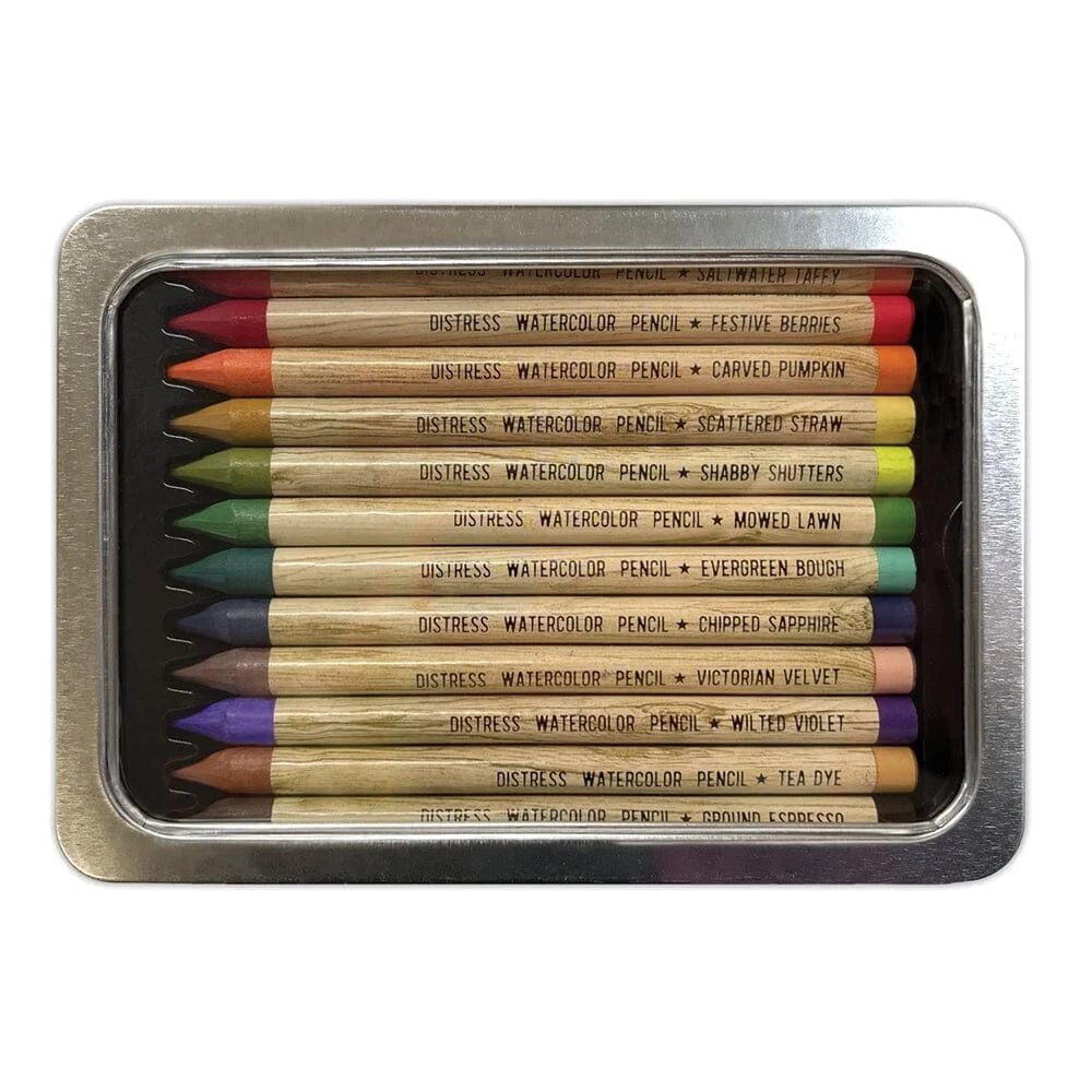 Tim Holtz Distress® Watercolor Pencils are woodless watercolor pencils formulated to achieve vibrant coloring effects on porous surfaces. The solid water-reactive pigments are ideal for watercoloring, shading, sketching and more!