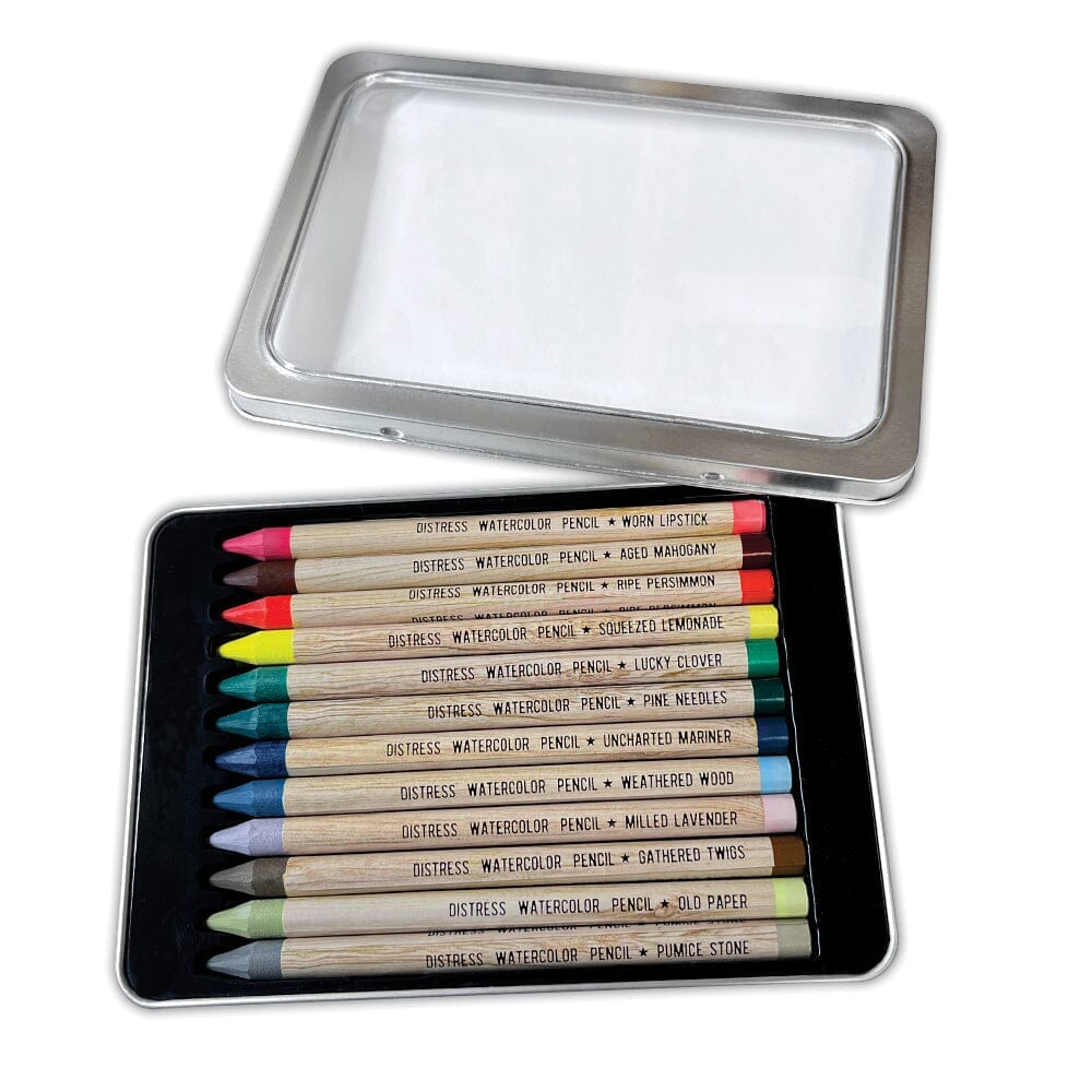 Tim Holtz Distress® Watercolor Pencils are woodless watercolor pencils formulated to achieve vibrant coloring effects on porous surfaces. The solid water-reactive pigments are ideal for watercoloring, shading, sketching and more!