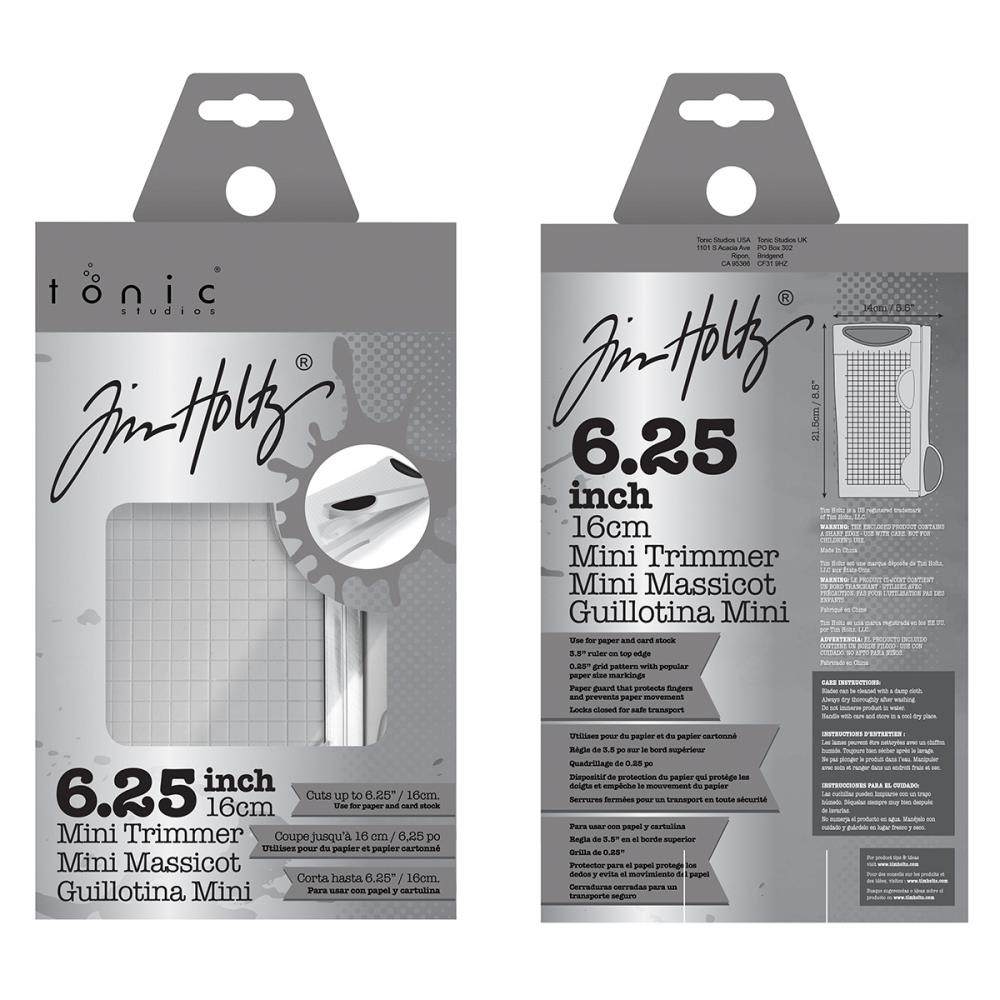 The Tim Holtz 6.25 inch / 16cm Mini Trimmer has many features not found in similar products. This product is portable and lightweight. It is perfect for trimming photographs and creating card fronts.
Features include: Hardened steel precision ground blade, Molded in measuring grid, 6.25 inch / 16cm cutting blade length and Finger guard that holds your paper in position for the perfect cut.
Width 5.4 in / 13.72 cm
Height 1.7 in /  