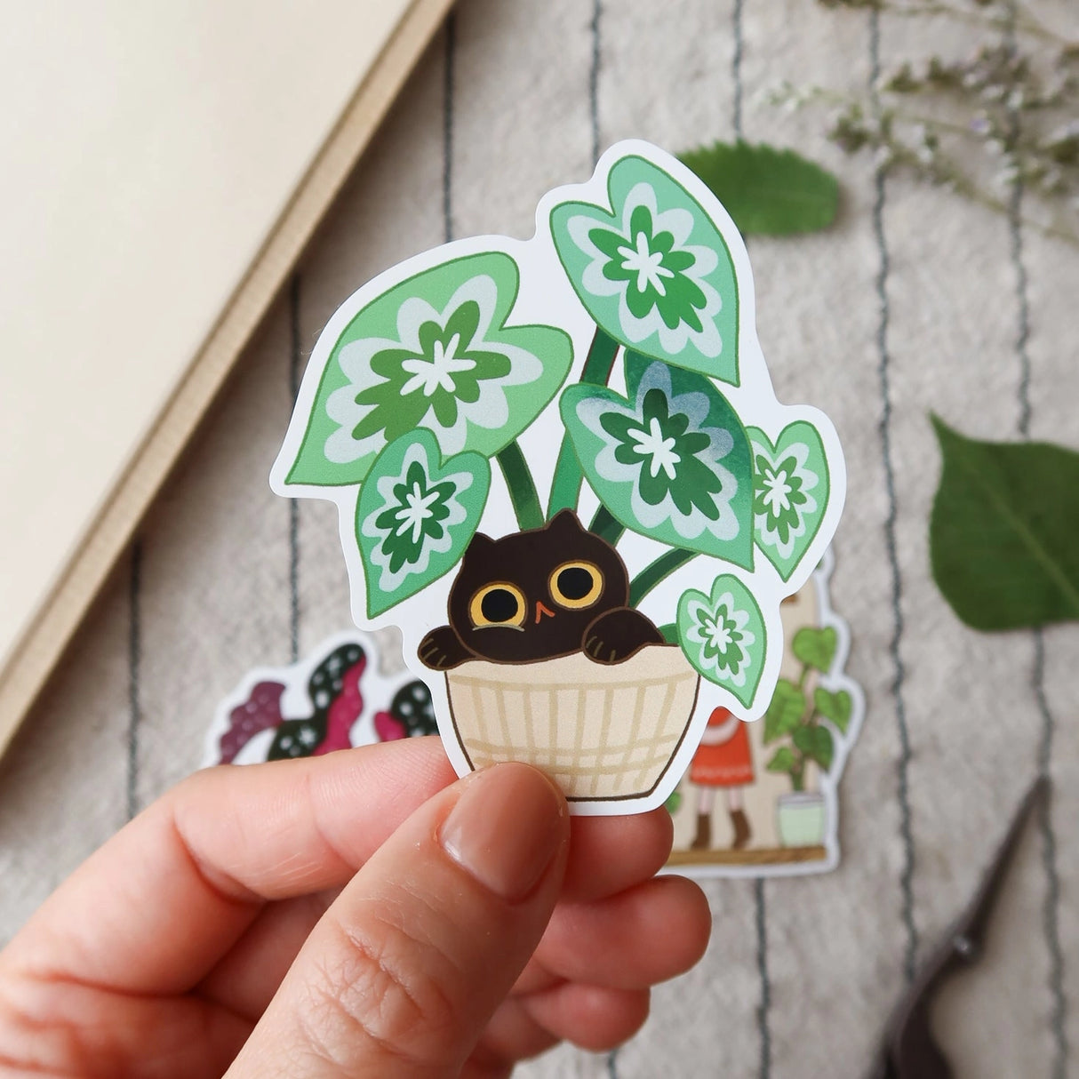 A whimsical set of 3 vinyl stickers featuring Tiny Kikimo and friends on their little adventures.