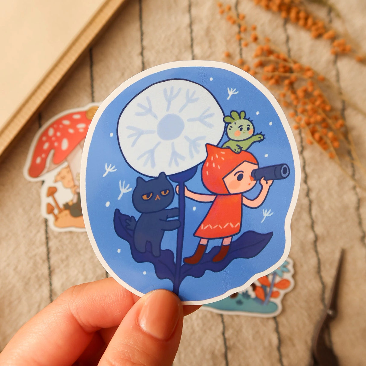 A whimsical set of 3 vinyl stickers featuring Tiny Kikimo and friends on their little adventures.