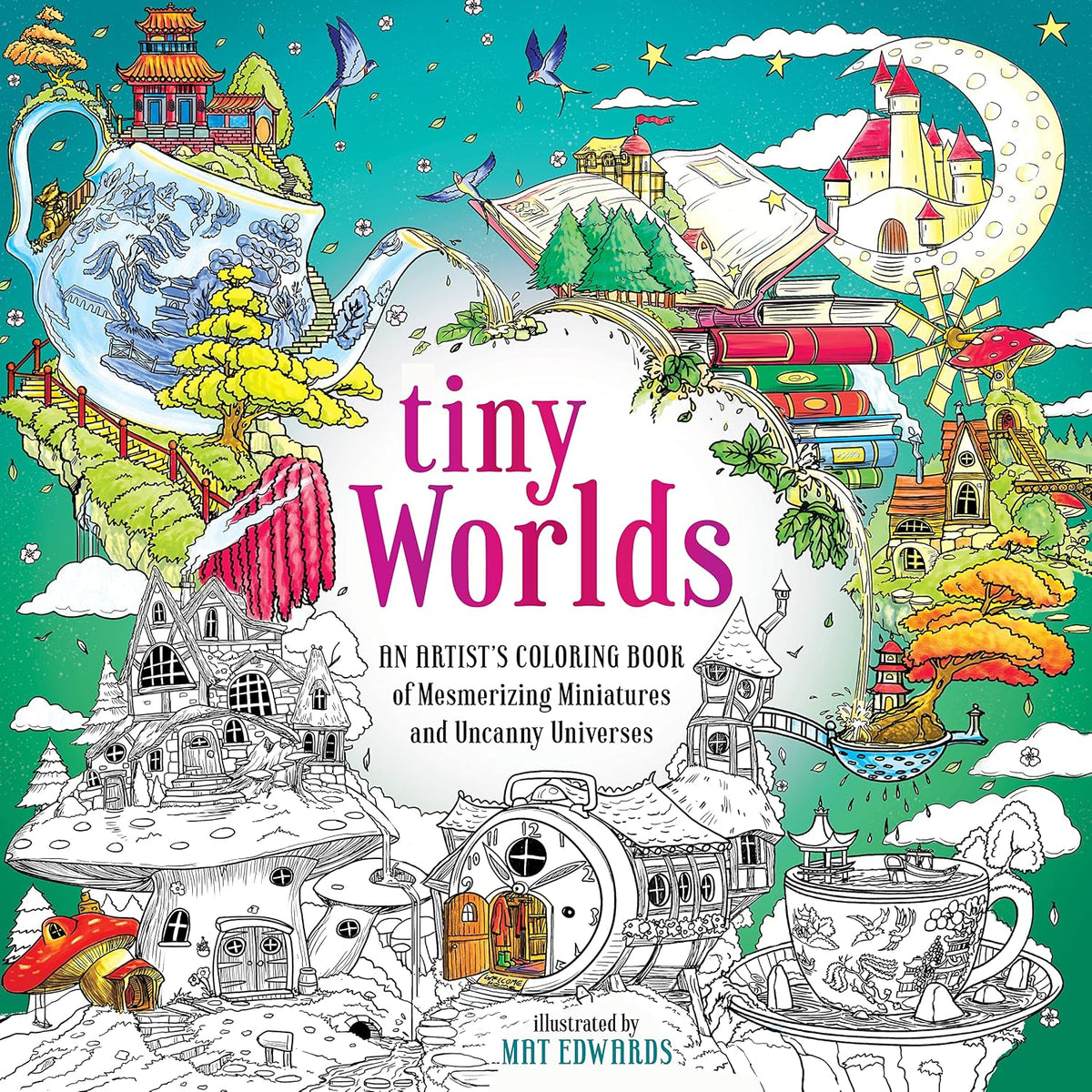 Secret worlds abound in this incredible coloring book adventure where every page invites fascinating discoveries. Tiny Worlds offers an enchanting glimpse of magical miniverses tucked inside everyday items like clocks, tree trunks, schoolroom desks, shoes, and even teapots!