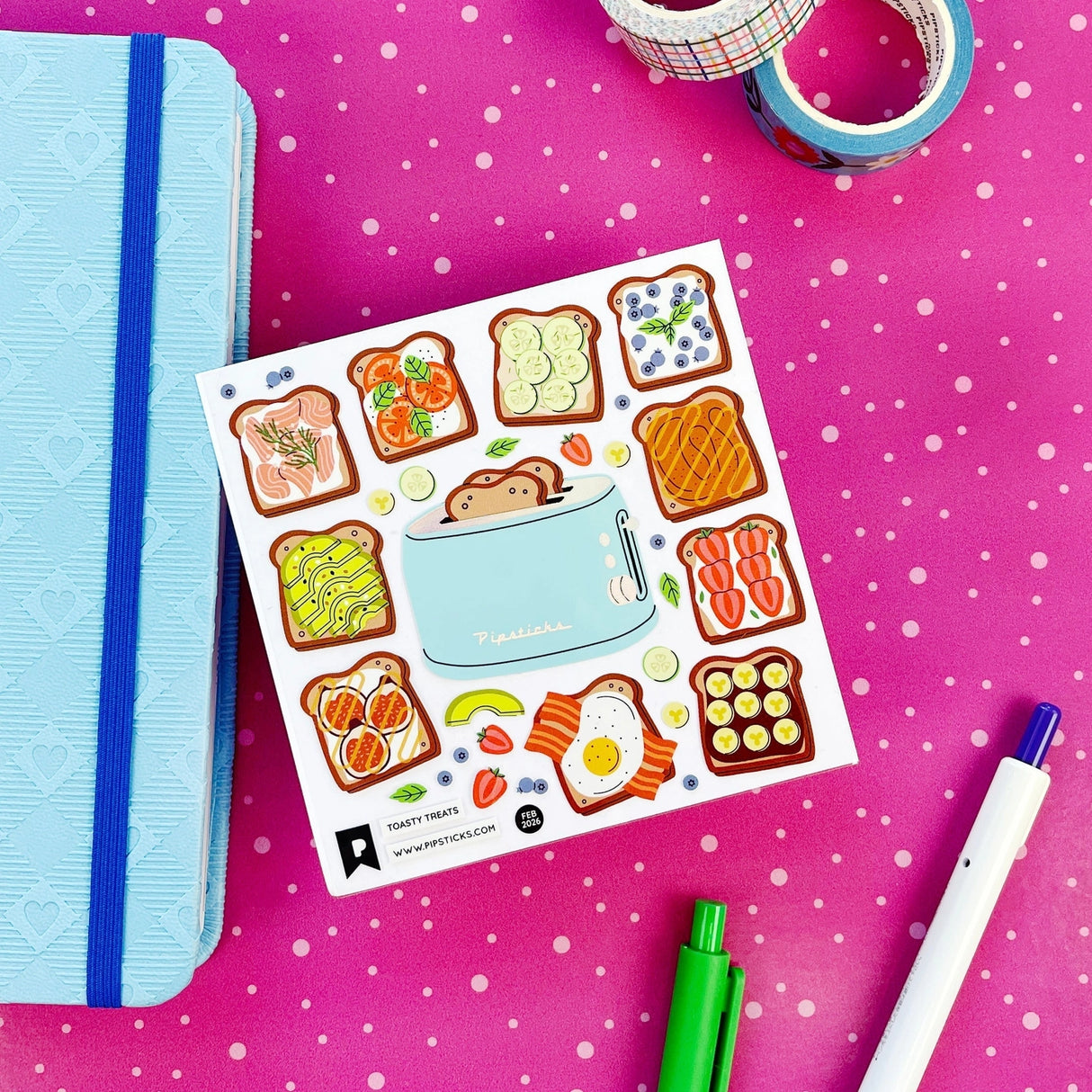 Breakfast, but make it cute. 🍞✨
This tasty little sticker sheet is stacked with the dreamiest toasts - jammy, buttery, avo-topped, sprinkle-covered, and fresh-from-the-toaster perfection. Right in the middle sits the sweetest turquoise toaster oven, ready to pop up your next carb-loaded masterpiece. It’s cozy kitchen energy with a side of creativity, perfect for planners, journals, snail mail, and anywhere that could use a warm and toasty moment. Because every great day starts with good toast.
PipSticker