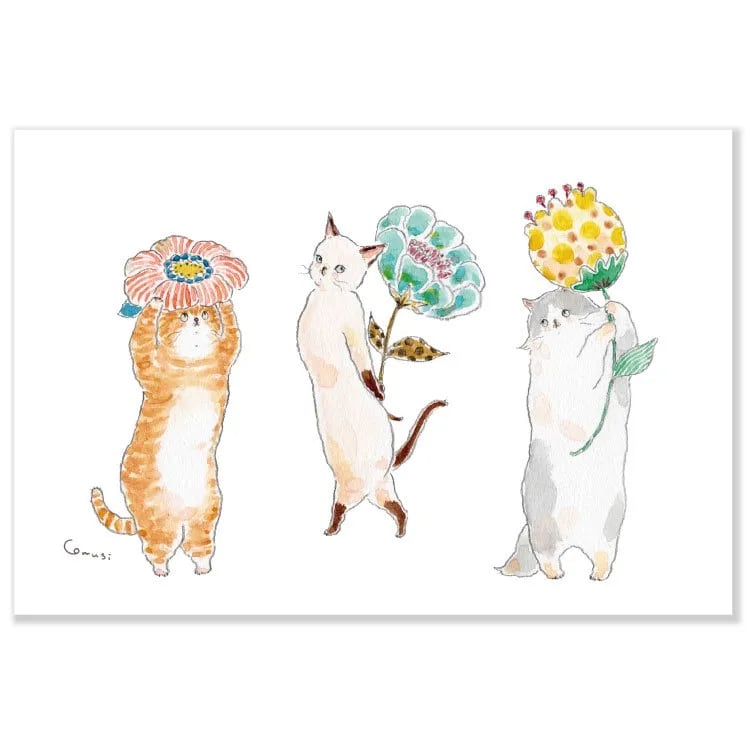 This adorable postcard features three cats picking flowers! It was illustrated by artist Tokoro Komugi who is known for their soft style of illustration featuring animals.
4in x 5.8in