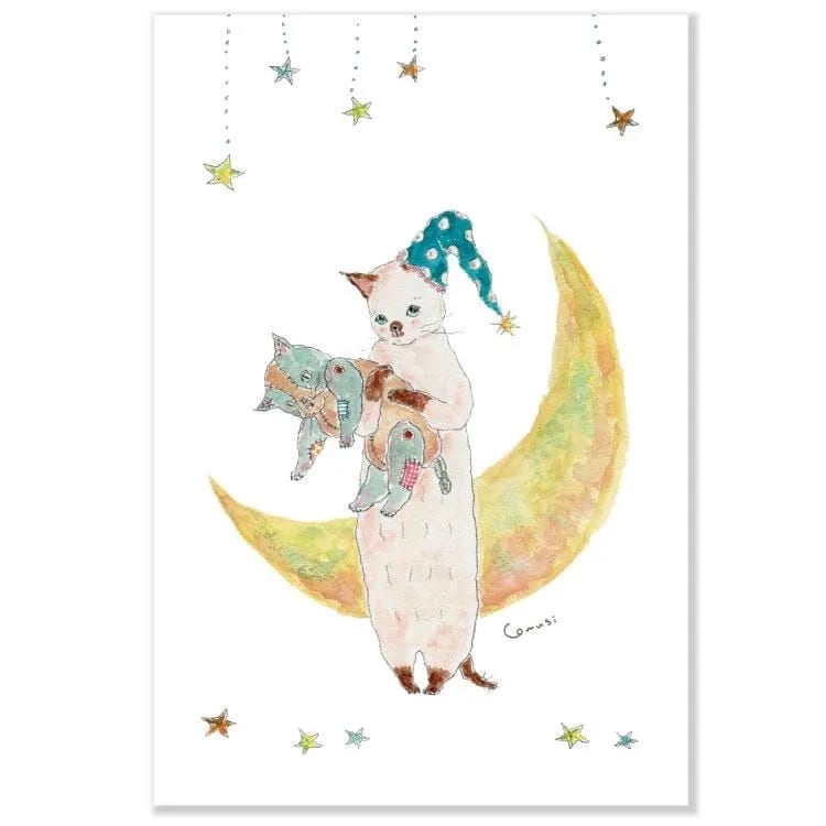This adorable postcard features a cat ready for bed with their trusty toy! It was illustrated by artist Tokoro Komugi who is known for their soft style of illustration featuring animals.
4in x 5.8in