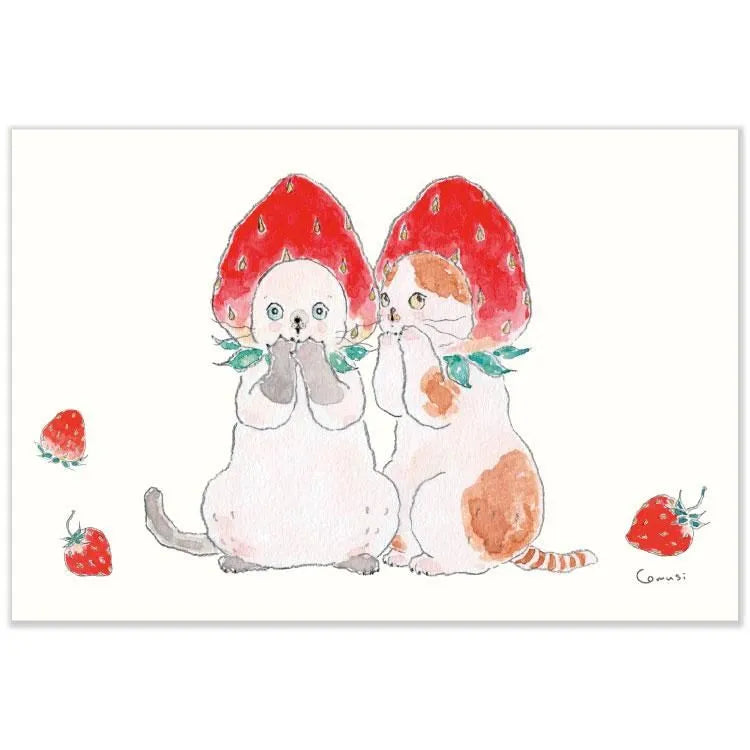 This adorable postcard with cats wearing strawberry hats was illustrated by artist Tocorocomugi. It is a postcard that makes you feel happy just by looking at it.
4in x 5.8in