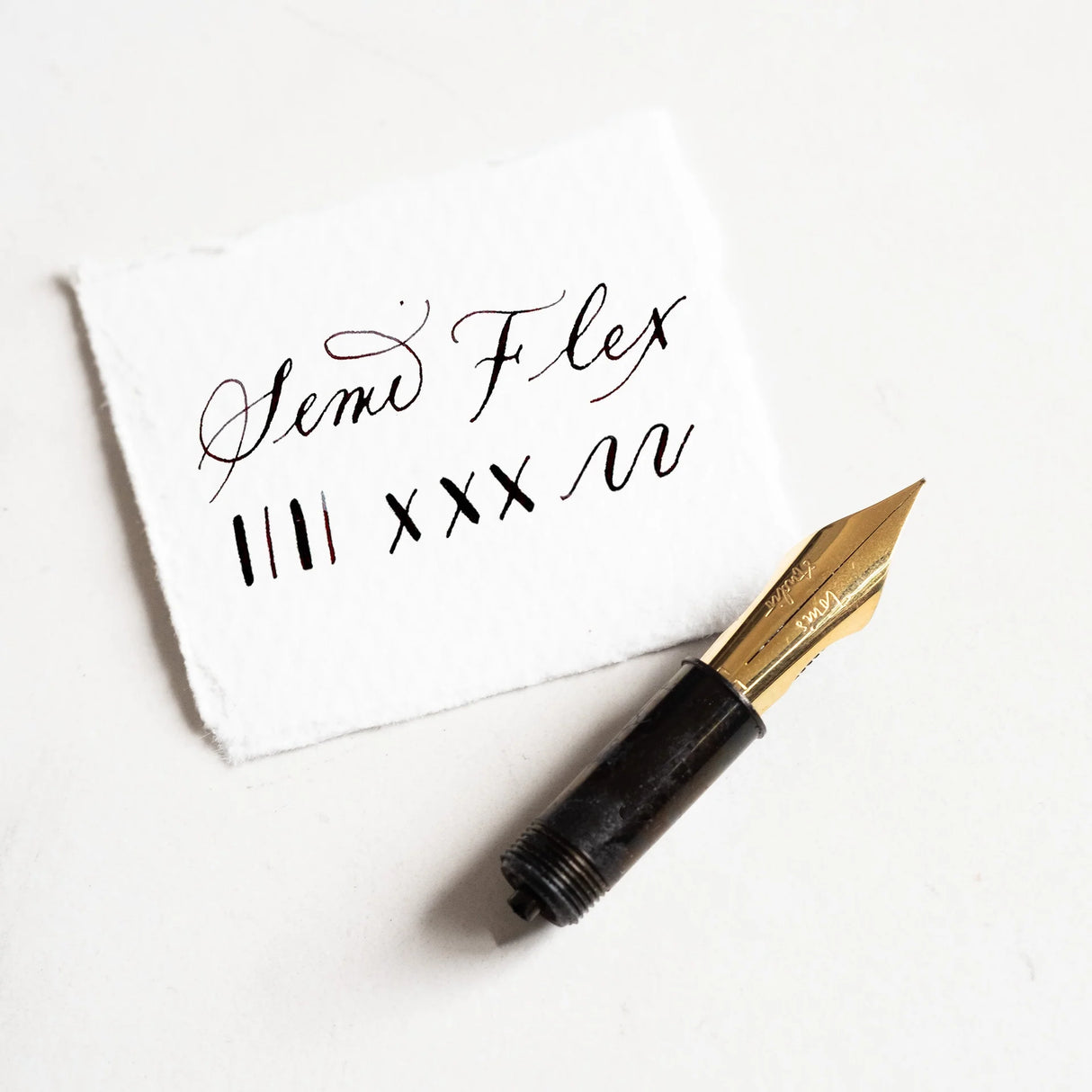 A beautiful extra fine fountain pen nib with flex! Made exclusively for our fountain pens, all of my nibs are tipped with incredibly hard-wearing iridium for super smooth writing, and are plated in a 14k gold or Stainless Steel for a classically stunning look. As a bonus all nibs can be interchanged so you can easily write in different styles whenever it suits you.
Extra Fine Semi-Flex - A beautiful extra fine fountain pen nib with flex! This is a great middle-ground between the Pro Flex and our classic fo