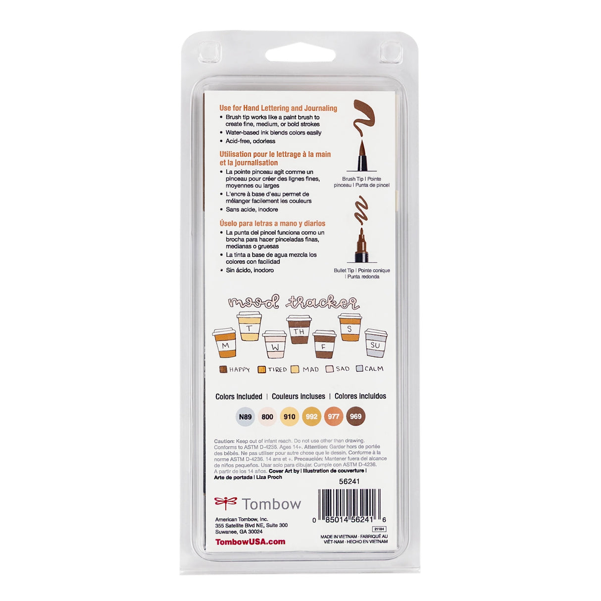 Set of 6 colors. Dual Brush Pens feature a flexible brush tip and a fine tip in one marker. The brush tip works like a paintbrush to create fine, medium, or bold strokes, while the fine tip provides consistent lines. The Coffee Break palette is inspired by rich coffee tones and warm neutrals, perfect for cozy and inviting designs. The water-based ink is blendable, and the resilient nylon brush retains its point stroke after stroke.