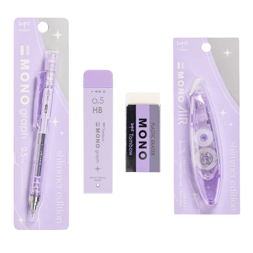 The Tombow Shimmer Stationery Set brings together four MONO favorites in a cohesive, shimmering design that adds a bit of shine to everyday stationery. Each set is thoughtfully curated to include the essentials you reach for most, all in a matching finish that feels special without sacrificing performance.
The MONO Graph Mechanical Pencil features Tombow’s shake mechanism for quick lead advancement and a shake lock to prevent accidental extension. The MONO Eraser delivers clean, precise erasing, whil