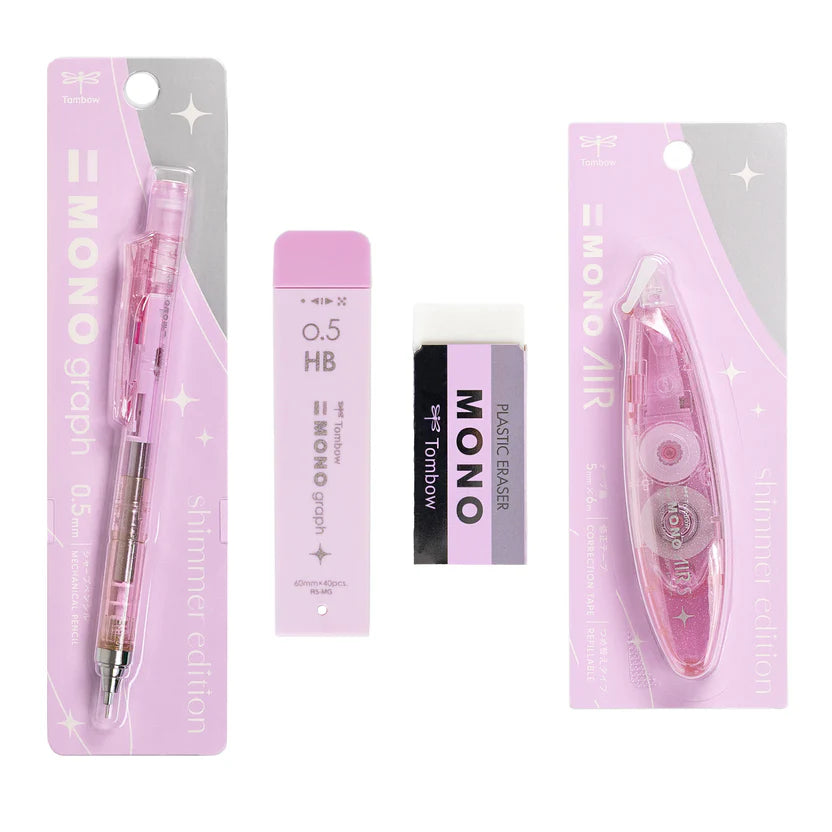 The Tombow Shimmer Stationery Set brings together four MONO favorites in a cohesive, shimmering design that adds a bit of shine to everyday stationery. Each set is thoughtfully curated to include the essentials you reach for most, all in a matching finish that feels special without sacrificing performance.
The MONO Graph Mechanical Pencil features Tombow’s shake mechanism for quick lead advancement and a shake lock to prevent accidental extension. The MONO Eraser delivers clean, precise erasing, while 0.5
