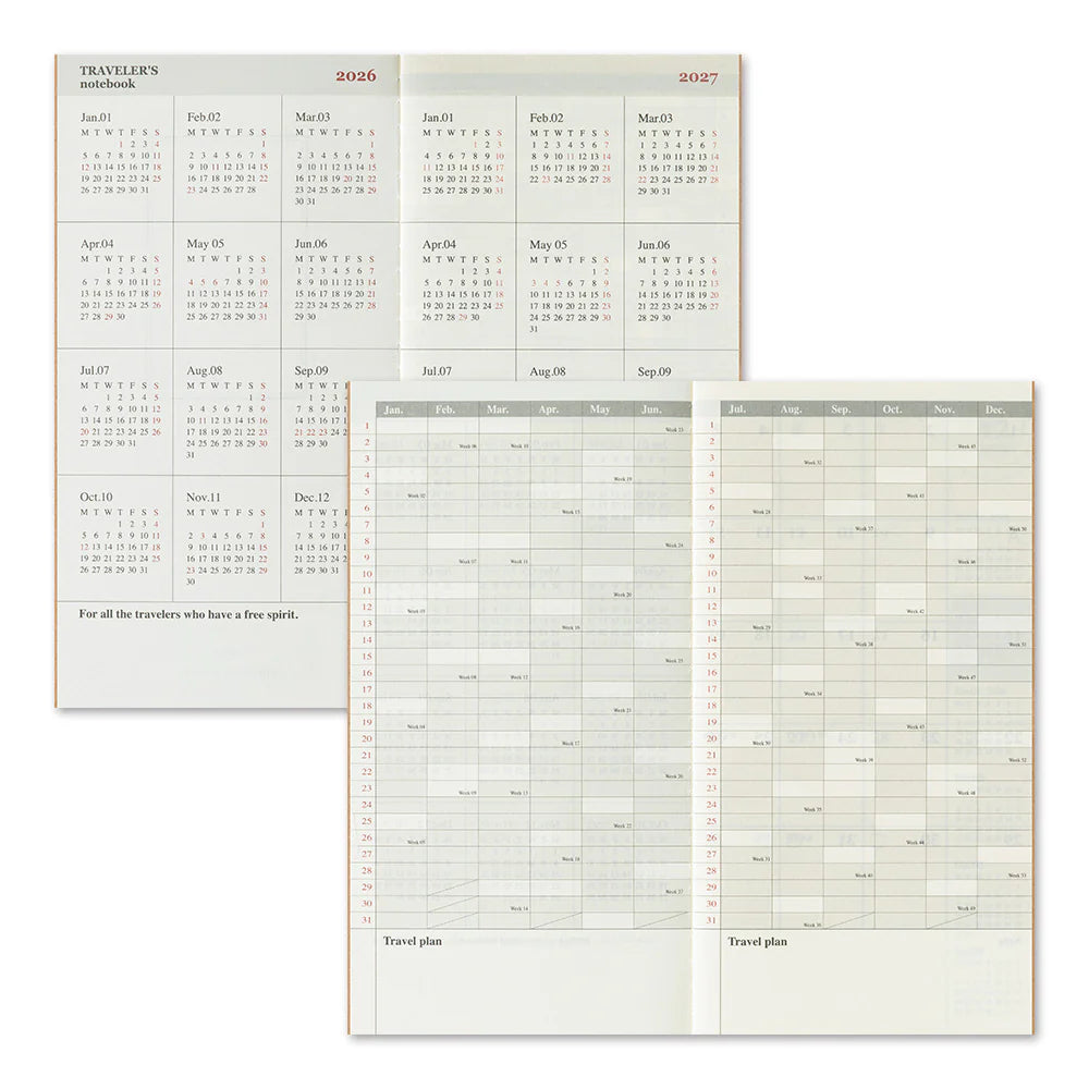 This is 2026 Monthly Diary Refill for TRAVELER’S notebook. The Monthly block layout is the most basic diary type that can allow you to plan the entire month at a glance. You can use the monthly diary to plan for schedules and meetings or use each block as a habit tracker.
This refill features MD Paper, developed specifically in pursuit of the perfect writing experience. You can use a variety of writing instruments (including fountain pens) without bleed-through. It also comes with a guide.