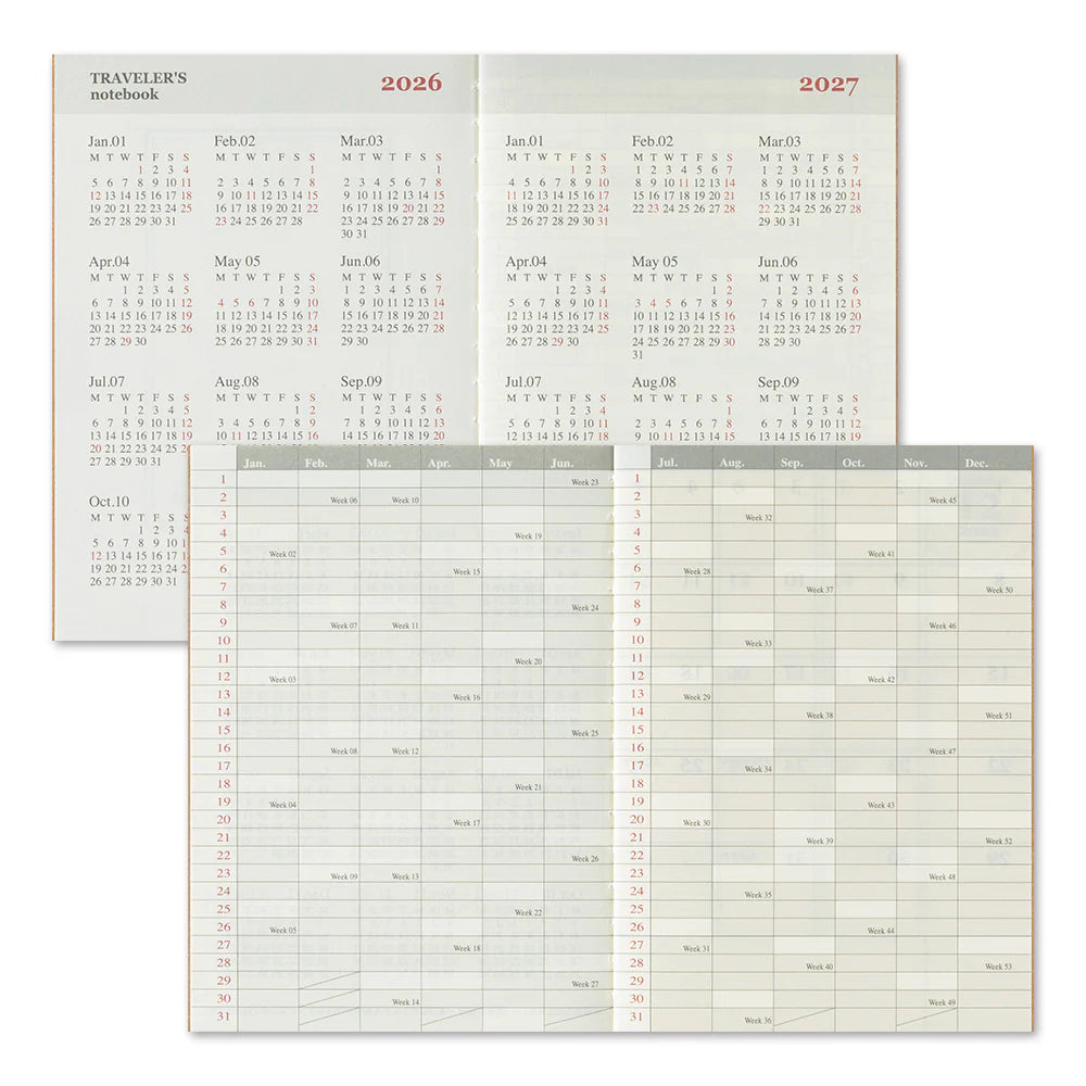This is the 2026 Monthly Diary Refill for TRAVELER’S notebook Passport Size. The Monthly block layout is the most basic diary type that can allow you to plan the entire month at a glance. Because it is passport size, you can carry it around and use it as a sub diary. It is also convenient to just write down your anniversary or birthday.
This refill features MD Paper, developed specifically in pursuit of the perfect writing experience. You can use a variety of writing instruments (including fountain pens).