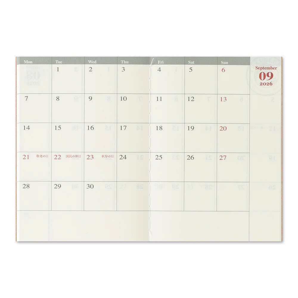This is the 2026 Monthly Diary Refill for TRAVELER’S notebook Passport Size. The Monthly block layout is the most basic diary type that can allow you to plan the entire month at a glance. Because it is passport size, you can carry it around and use it as a sub diary. It is also convenient to just write down your anniversary or birthday.
This refill features MD Paper, developed specifically in pursuit of the perfect writing experience. You can use a variety of writing instruments (including fountain pens).