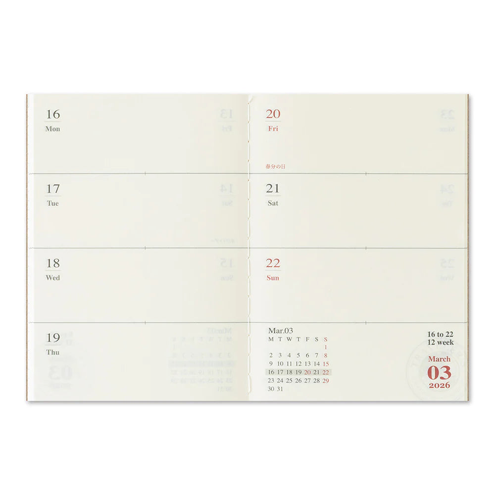 This is 2026 Weekly Diary Refill for TRAVELER'S notebook Passport Size. There is ample space for each day of the week to jot down notes, appointments, or other tasks. It is also suitable for use as a mini diary where you can write down things that happen daily.
This refill features MD Paper, developed specifically in pursuit of the perfect writing experience. You can use a variety of writing instruments (including fountain pens) without bleed-through. It also comes with a guide and a sticker sheet.
