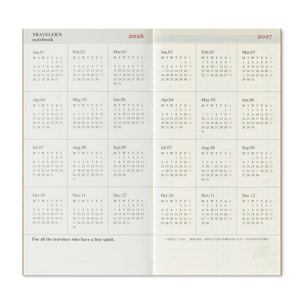 2026 Diary Weekly Vertical Regular Size features a vertical diary that is useful for keeping track of schedules on a timely basis. You can plan or record events through increments of 30 minutes throughout the day, with extra space below for notes.
A single notebook covers six months. This set includes two notebooks - one for each half of the year. This refill features MD Paper, developed specifically in pursuit of the perfect writing experience. You can use a variety of writing instruments.