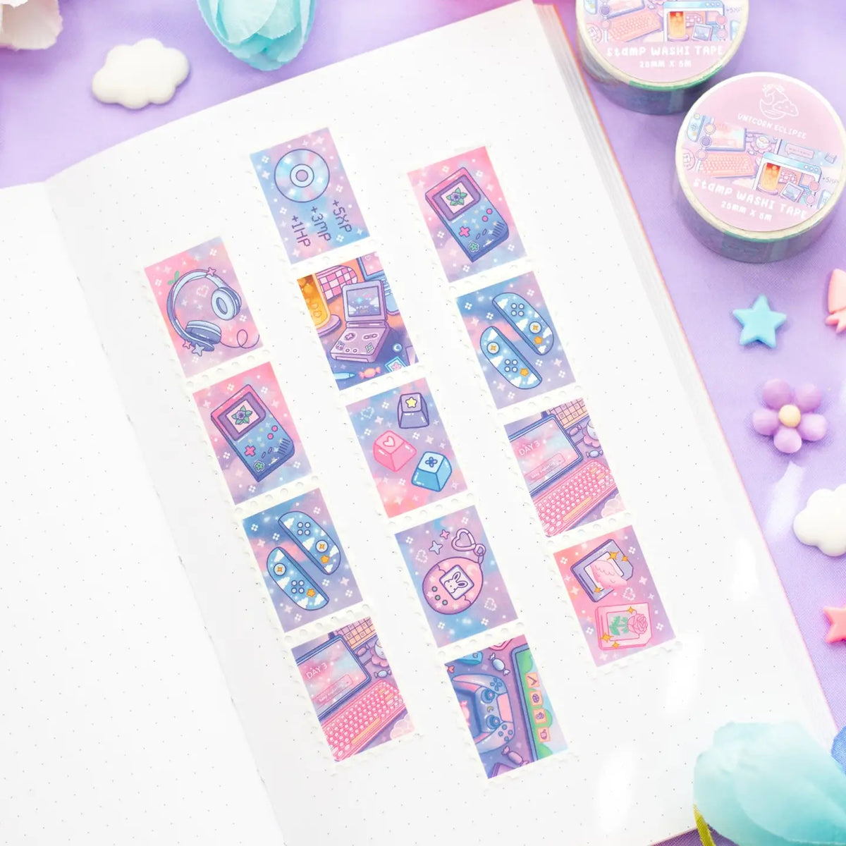 Unicorn Eclipse - Game Time Stamp Washi Tape
1 roll: 25mm x 5m
Made of eco-friendly adhesive paper materials
Easily removable with no residue
✧Notes✧ Please note that color on images may vary from monitor to monitor due to photographing, lighting and screen settings. Minor errors may be possible as these stickers are handmade.