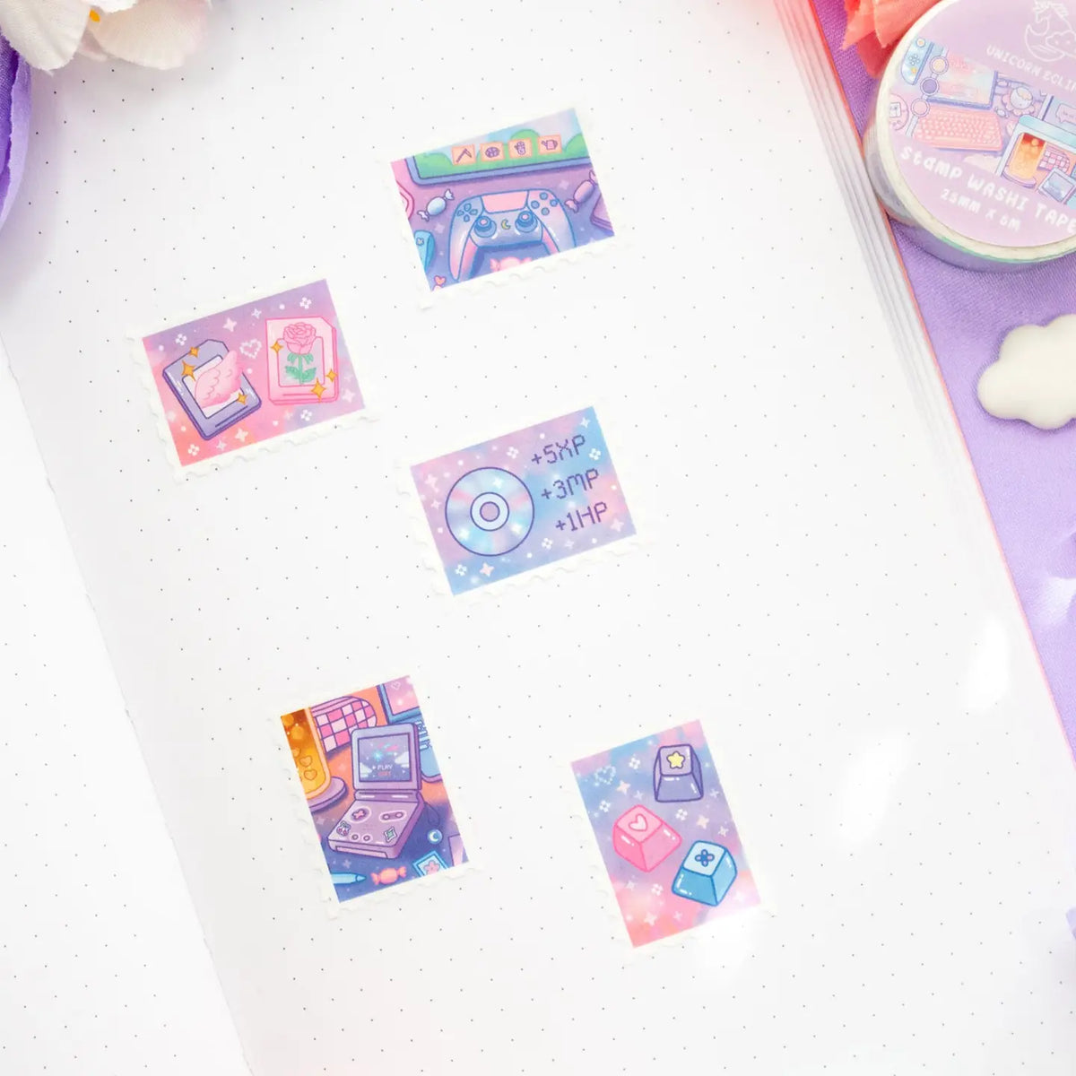 Unicorn Eclipse - Game Time Stamp Washi Tape
1 roll: 25mm x 5m
Made of eco-friendly adhesive paper materials
Easily removable with no residue
✧Notes✧ Please note that color on images may vary from monitor to monitor due to photographing, lighting and screen settings. Minor errors may be possible as these stickers are handmade.