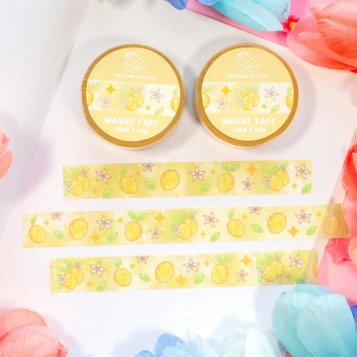 Unicorn Eclipse - Lemons Washi Tape
1 roll: 15mm x 10m
Made of eco-friendly adhesive paper materials
Easily removable with no residue
✧Notes✧ Please note that color on images may vary from monitor to monitor due to photographing, lighting and screen settings. Minor errors may be possible as these stickers are handmade.