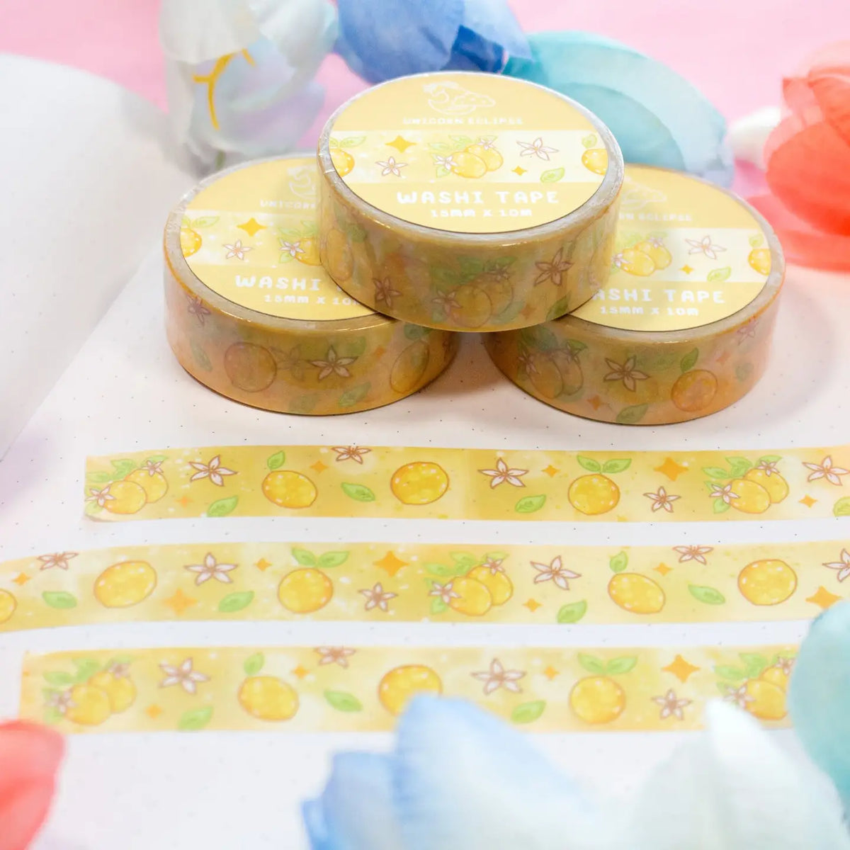 Unicorn Eclipse - Lemons Washi Tape
1 roll: 15mm x 10m
Made of eco-friendly adhesive paper materials
Easily removable with no residue
✧Notes✧ Please note that color on images may vary from monitor to monitor due to photographing, lighting and screen settings. Minor errors may be possible as these stickers are handmade.