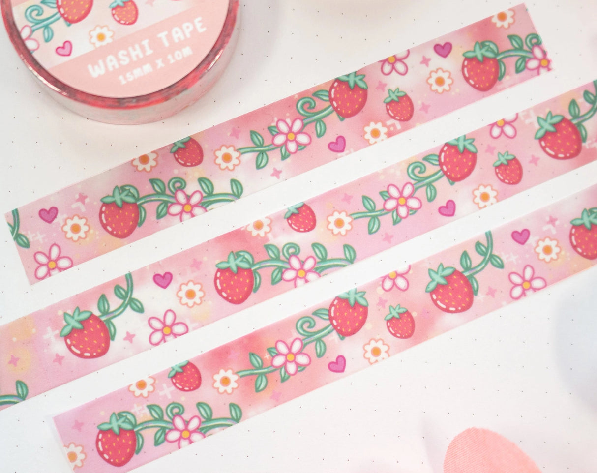 Unicorn Eclipse - Strawberries Washi Tape
1 roll: 15mm x 10m
Made of eco-friendly adhesive paper materials
Easily removable with no residue
✧Notes✧ Please note that color on images may vary from monitor to monitor due to photographing, lighting and screen settings. Minor errors may be possible as these stickers are handmade.