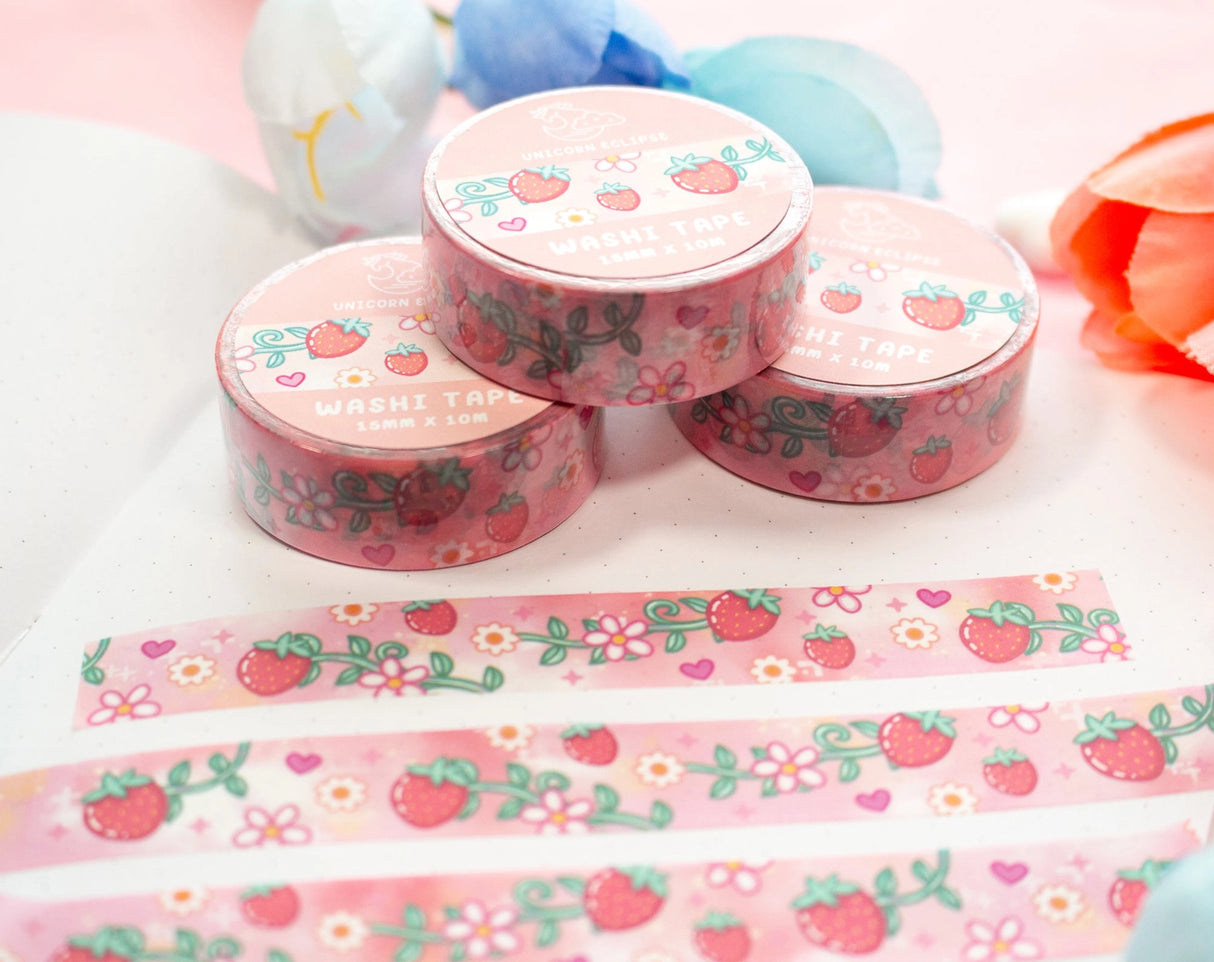 Unicorn Eclipse - Strawberries Washi Tape
1 roll: 15mm x 10m
Made of eco-friendly adhesive paper materials
Easily removable with no residue
✧Notes✧ Please note that color on images may vary from monitor to monitor due to photographing, lighting and screen settings. Minor errors may be possible as these stickers are handmade.