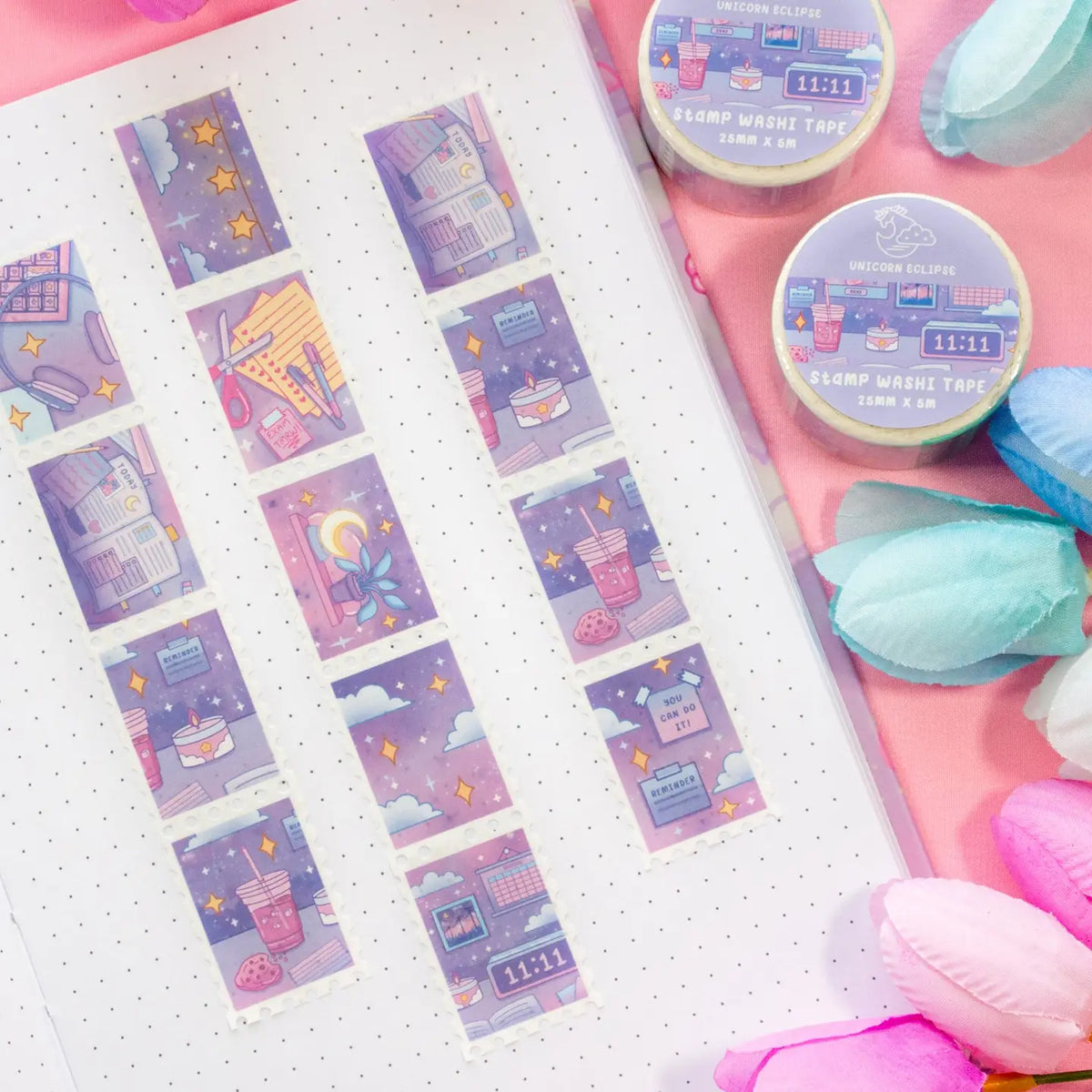 Unicorn Eclipse - Study Night Stamp Washi Tape
1 roll: 25mm x 5m
Made of eco-friendly adhesive paper materials
Easily removable with no residue
✧Notes✧ Please note that color on images may vary from monitor to monitor due to photographing, lighting and screen settings. Minor errors may be possible as these stickers are handmade.