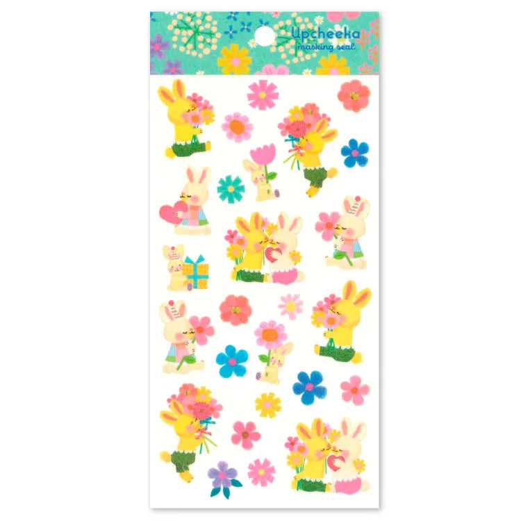 ★up (to rise) + cheek (cheek) + a (one piece) = one smile.
"Upcheeka" is a coined word.
We will bring you illustrations that makes everyone smile and gathers into just one big smile.
A sticker sheet with illustrations of two rabbits affectionately granting happy birthday wishes with lots of flowers to add both adorable and bright touches to your journal pages