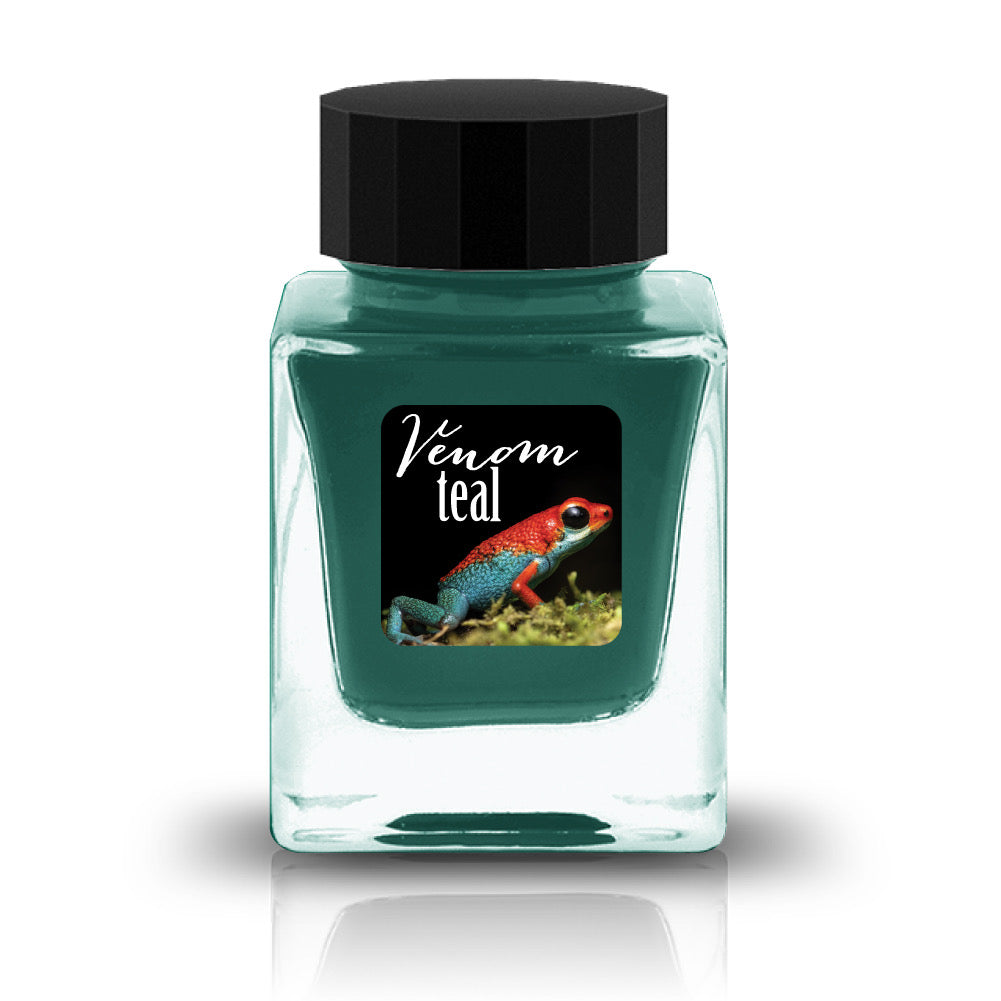 Venom Teal Shimmer coils across the page with an alluring danger. A deep, shadowy teal base unfolds beneath an electric magenta sheen that shifts and glows as the light moves, while brilliant icy blue shimmer sparkles across the surface like scattered venom crystals. Dark, mysterious, and mesmerizing, this ink captures the beauty of something both enchanting and untamed.