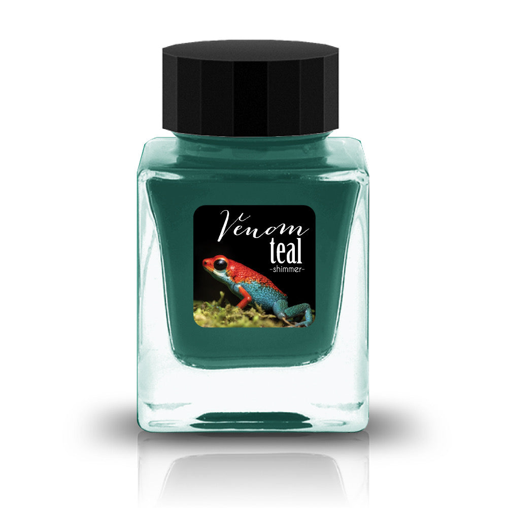 Venom Teal Shimmer combines a dark teal base with an intense magenta sheen and dazzling blue shimmer. The teal-magenta contrast creates a bioluminescent tropical effect, with light strokes glowing turquoise and heavy pools revealing a dramatic plum-violet sheen inspired by the vivid warning colors of venomous rainforest frogs.