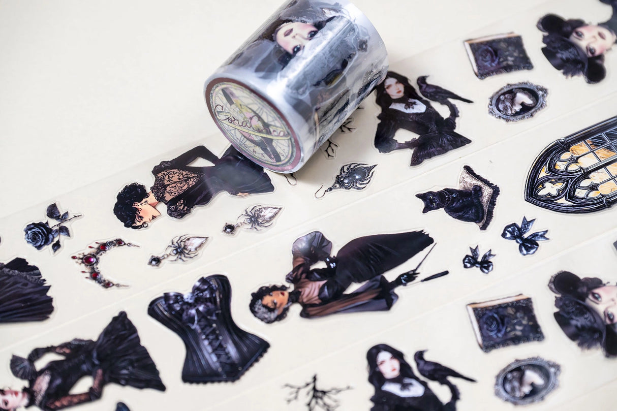 tep into the world of Victorian elegance with this unique transparent PET tape by CoraCreaCrafts. Designed with an intricate mix of gothic-inspired stickers, this tape features a 100cm repeat loop, showcasing a variety of detailed designs. The glossy finish adds a sophisticated shine, making it perfect for adding a touch of vintage charm to your creative projects.