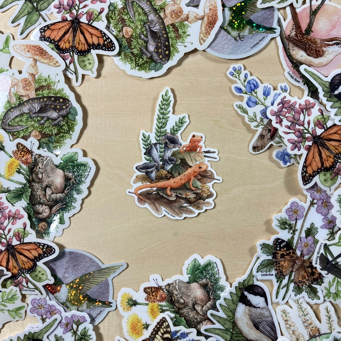 Red Efts with Trumpet Chanterelles Vinyl Sticker