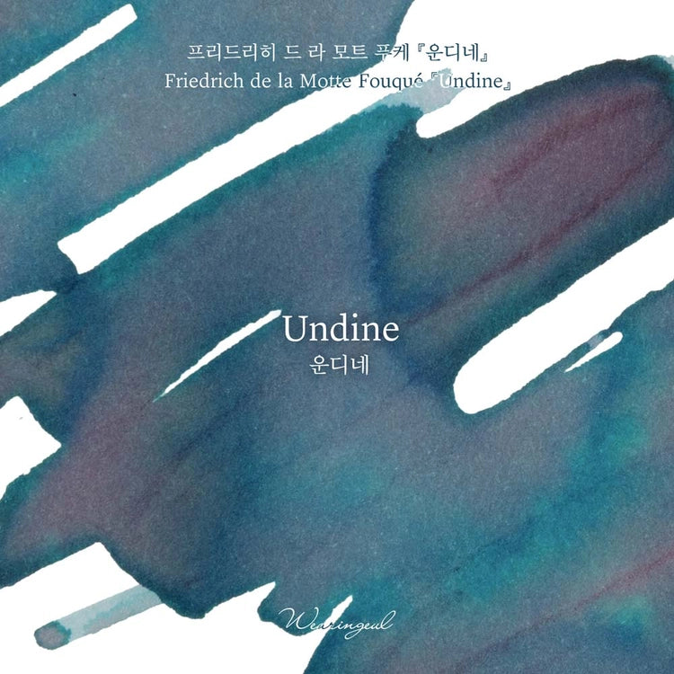 A cold teal greenish blue reminiscent of deep sleep is veiled with muted violet that softly blooms across the surface, capturing the love first encountered by Undine, a being once born of water, and the quiet tragedy that followed in its wake.
