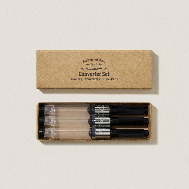 The Wearingeul Converter Set includes three converters with silicone caps, allowing you to use them in your fountain pen or conveniently store ink.
The silicone cap securely seals the converter opening effectively preventing ink evaporation and contamination.
Prefill and store your preferred inks ahead of time, allowing for quick and hassle-free ink swaps whenever you want.
Compatible with Wearingeul fountain pens.
Please Note:
Remove the silicone cap before use. Do not tu