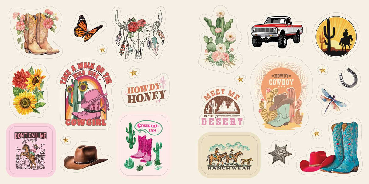 Colorful cowboy hats and boots. Lucky horseshoes and bucking broncos. Prickly cacti and desert sunsets. Delivering 500+ “cowboy-core” designs, this country-inspired StickerCore collection brings the Wild West to everyone.
Rhinestone-studded cowgirl boots, pretty paisleys, neon saloon signs, flower-crowned steer skulls, lucky horseshoes, galloping stallions, and fun sayings like “Yeehaw!” and “Howdy!”—what’s not to love about the western aesthetic?
With Western Stickers, those ready to saddle up in style