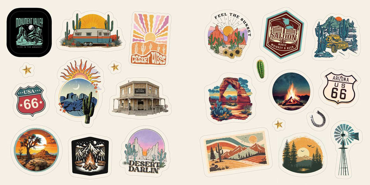 Colorful cowboy hats and boots. Lucky horseshoes and bucking broncos. Prickly cacti and desert sunsets. Delivering 500+ “cowboy-core” designs, this country-inspired StickerCore collection brings the Wild West to everyone.
Rhinestone-studded cowgirl boots, pretty paisleys, neon saloon signs, flower-crowned steer skulls, lucky horseshoes, galloping stallions, and fun sayings like “Yeehaw!” and “Howdy!”—what’s not to love about the western aesthetic?
With Western Stickers, those ready to saddle up in style
