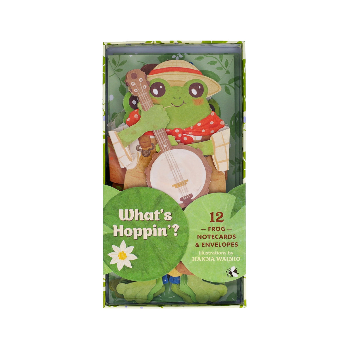 Add some quirky charm to your correspondence with adorable frog-shaped notecards!
These illustrated cards feature four different designs and punny greetings. From a wizard frog to a romantic frog, a bookish toad to a cowboy croaker, each of these playful amphibians will deliver your birthday wishes, congratulations, and cheerful ribbits to friends and family! The stationery set includes 12 die-cut notecards (4 designs repeating) and 12 envelopes.