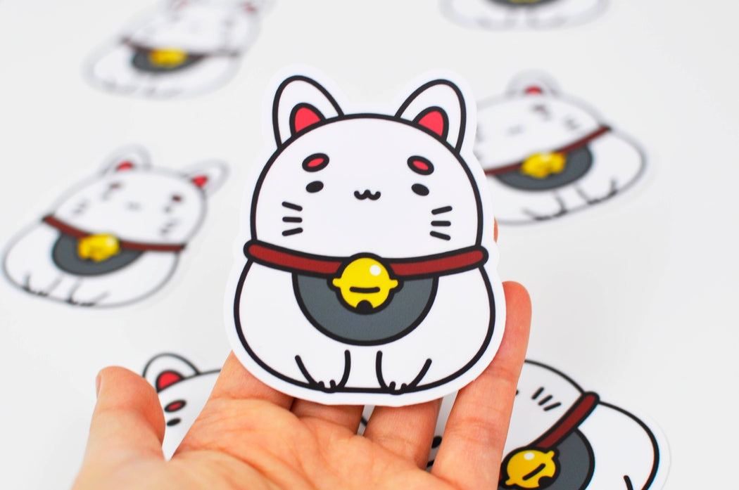 Pegatina de vinilo del gato de la suerte blanco