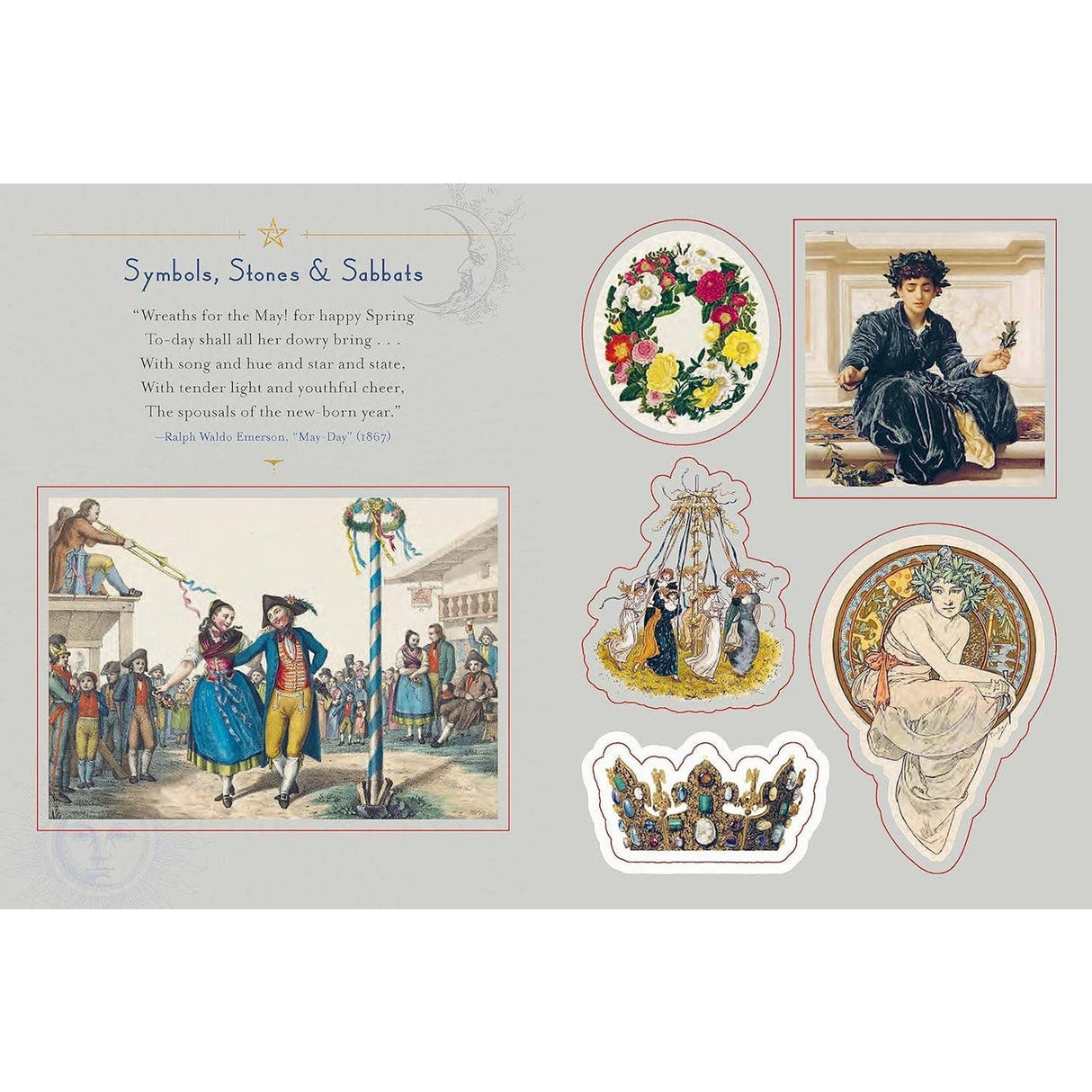 A stunning collection of beautiful vintage stickers on all subjects magickal and mystical—from crystals to cats, moons to mages, goddesses and more. Collection of vintage illustrations and text on a gray background