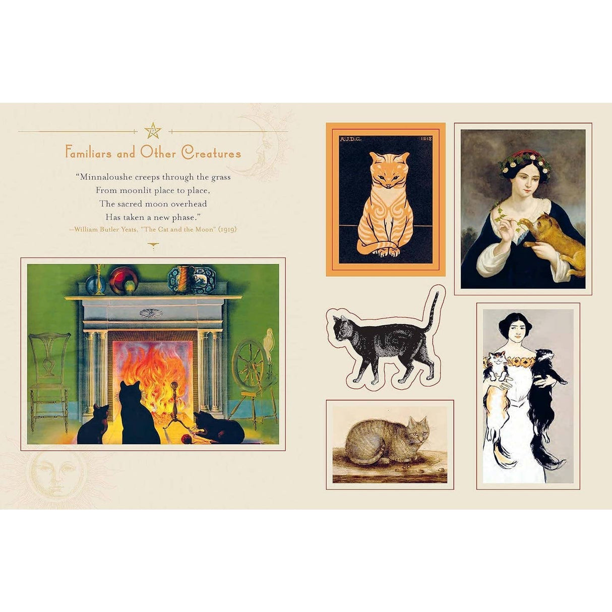 A stunning collection of beautiful vintage stickers on all subjects magickal and mystical—from crystals to cats, moons to mages, goddesses and more. Collection of illustrations featuring cats and a woman, with text on a beige background.