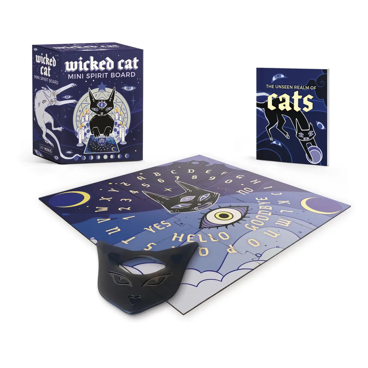 From Nine Lives to The Great Unknown Communicate with spirits with this miniature feline-themed spirit board set:
Miniature cat-themed spirit board replica: 8 1/4 x 8 1/4 inch folding spirit board with usable cat-shaped planchette
Illustrated miniature book: 32-page, 2-1/2 x 3 inch book on how to use your spirit board and the many ways cats are conduits to the supernatural world
Perfect gift for spooky cat lovers: Both feline fanatics and occult fans will love this unique product.
