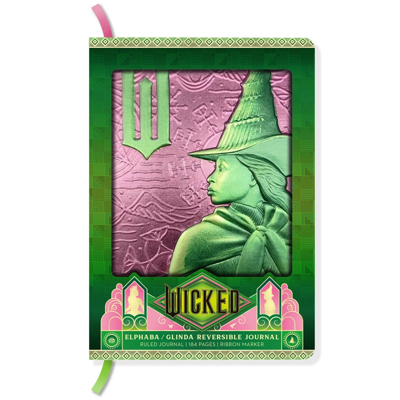 The perfect place to note your thoughts in style, this 184-page collectible journal is a stylish gift for any Wicked fan. This reversible journal can be flipped to present either Elphaba Thropp’s or Glinda Upland’s profiles, with internal pages in soft shades of green and pink and with a satin placeholder ribbon.
QUALITY CONSTRUCTION: This journal features a stunningly detailed, molded hardcover with metallic finish, 184-ruled pages of premium paper, plus a satin ribbon marker to ensure you never lose your