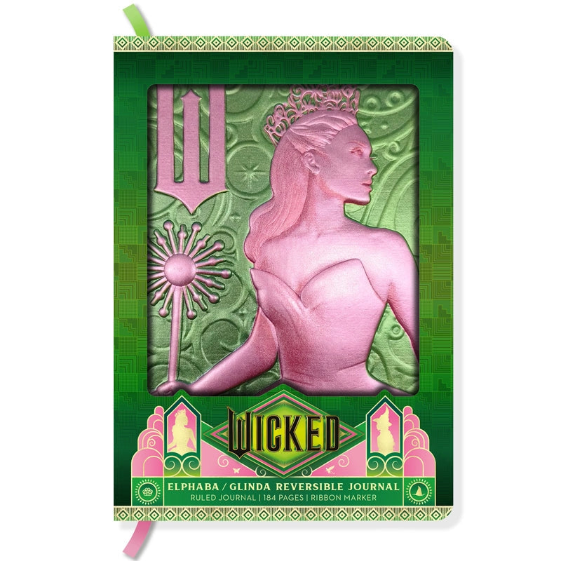 The perfect place to note your thoughts in style, this 184-page collectible journal is a stylish gift for any Wicked fan. This reversible journal can be flipped to present either Elphaba Thropp’s or Glinda Upland’s profiles, with internal pages in soft shades of green and pink and with a satin placeholder ribbon.
QUALITY CONSTRUCTION: This journal features a stunningly detailed, molded hardcover with metallic finish, 184-ruled pages of premium paper, plus a satin ribbon marker to ensure you never lose your
