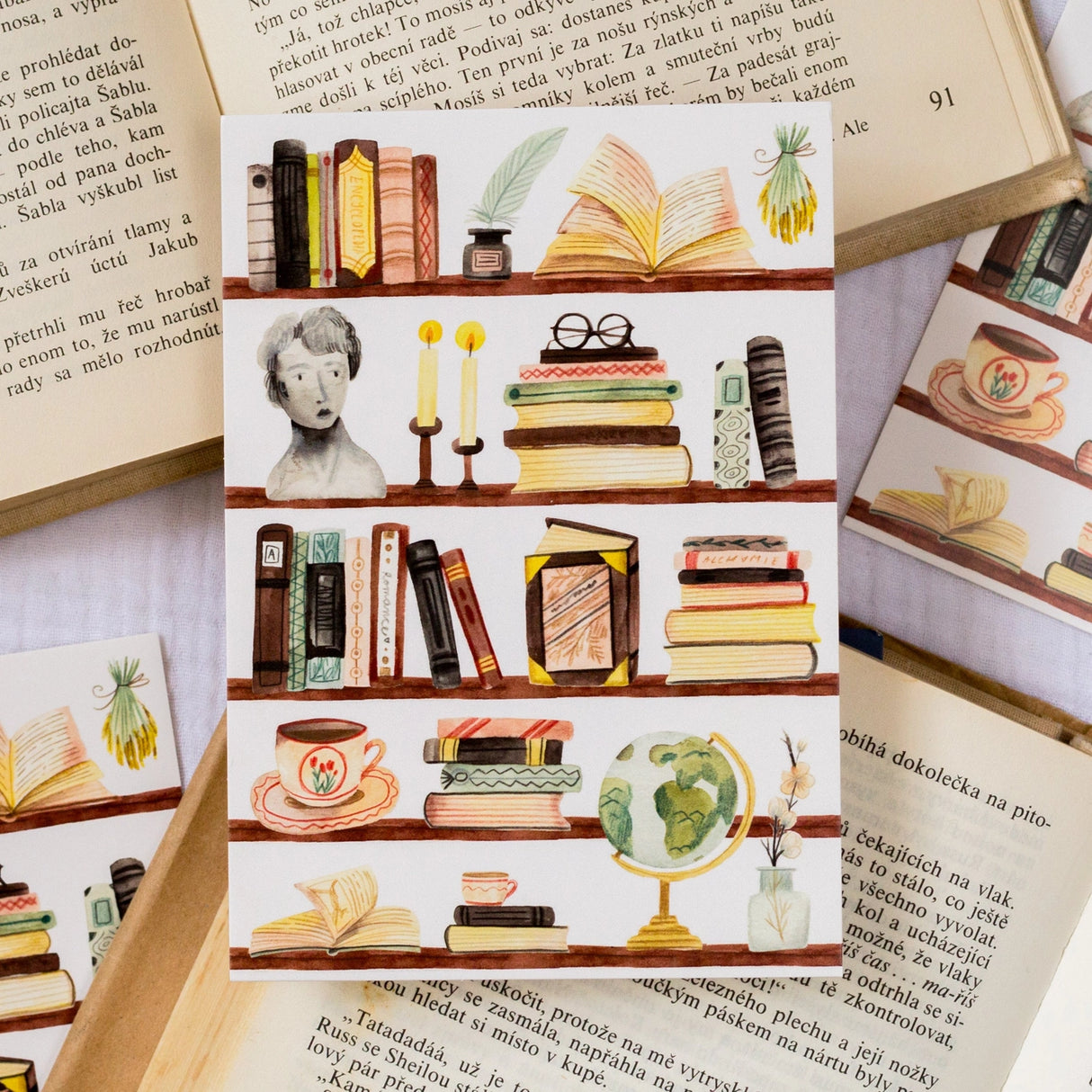 This postcard designed with all book lovers in mind will be perfect for your snail mail, art wall and letters. You can find the same motif also as a sticker sheet, here. Made from one of my sketchbook paintings with love in Czech Republic.